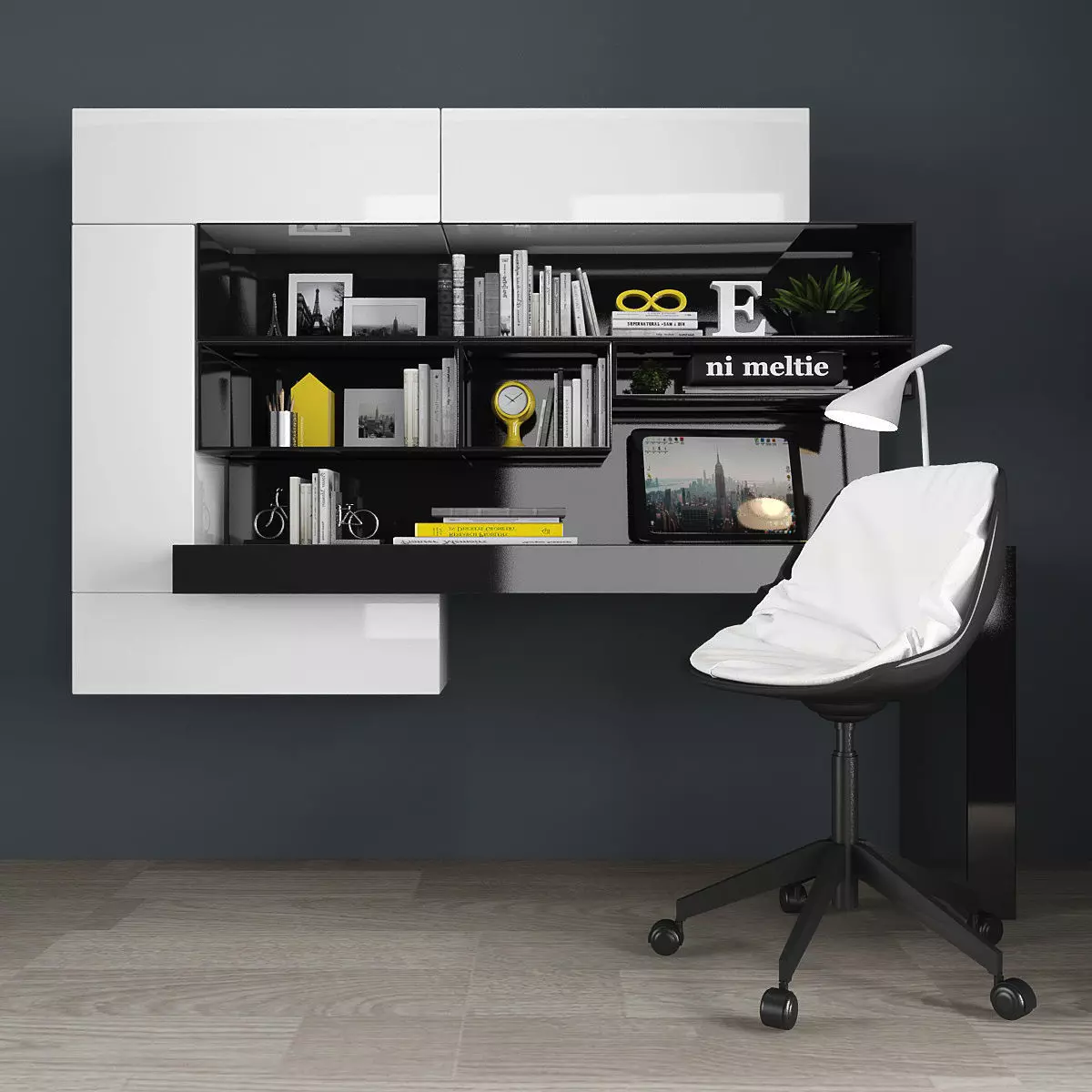 Workzone set desk with bookshelves and chair Low-poly 3D model_0