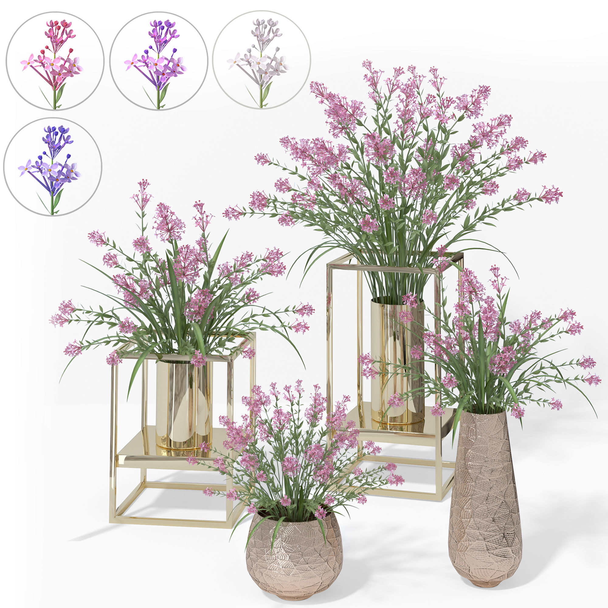 4 colors lilac in vases and pot stands white pink purple blue 3D model_1