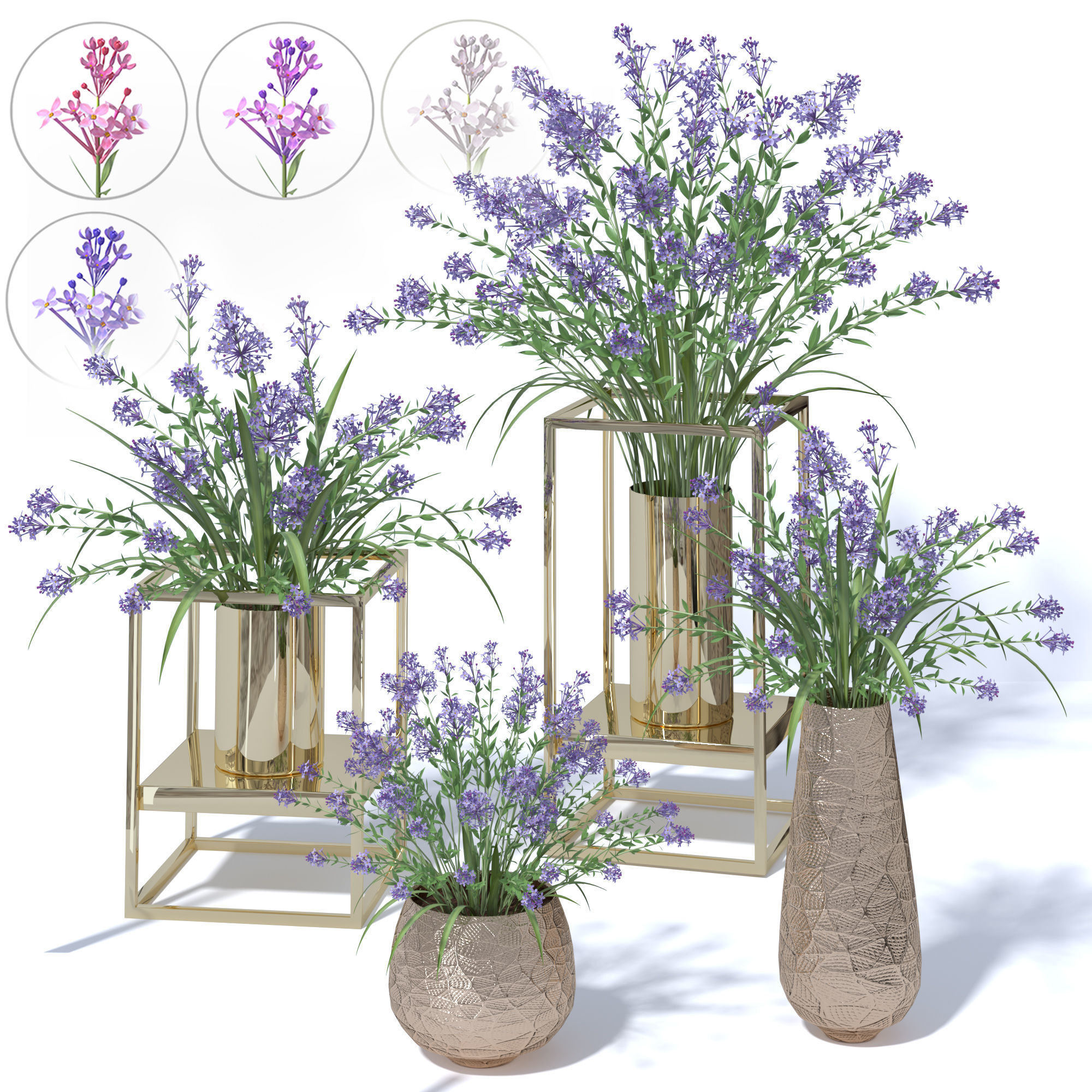 4 colors lilac in vases and pot stands white pink purple blue 3D model_4