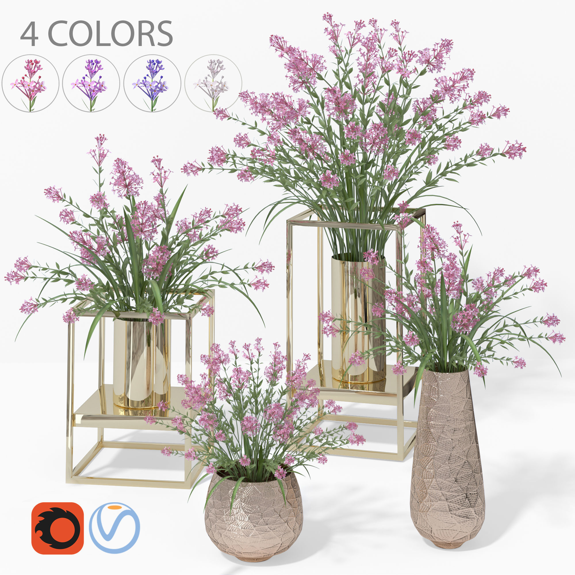 4 colors lilac in vases and pot stands white pink purple blue 3D model_3