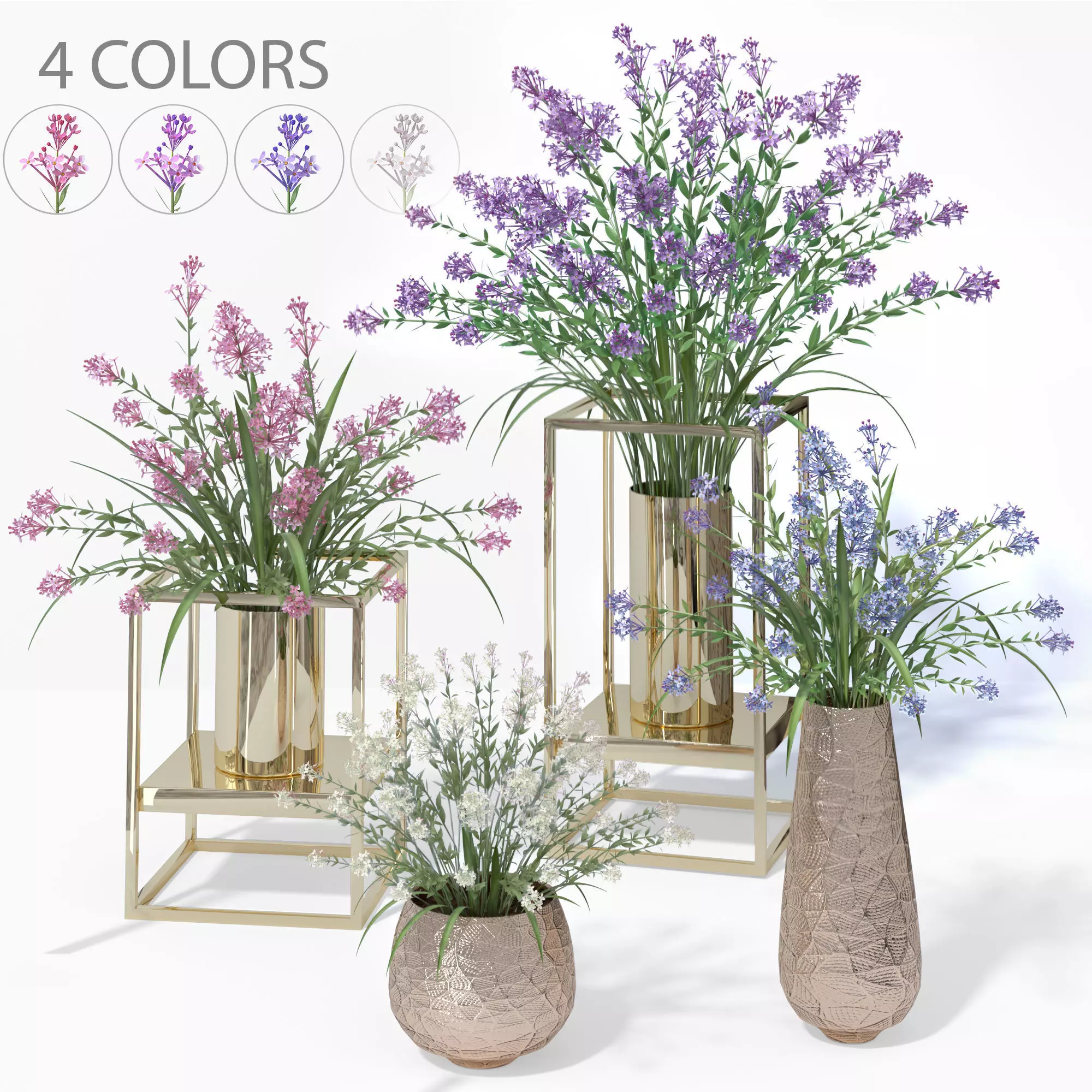 4 colors lilac in vases and pot stands white pink purple blue 3D model_0