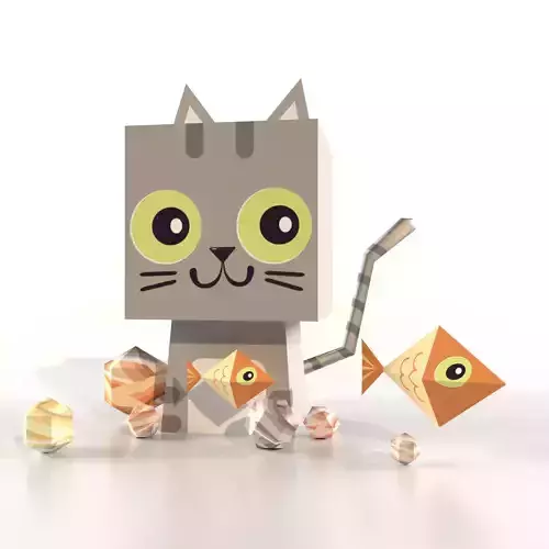 Cute Lowpoly Cartoon Isometric Box Fish Cat Toy Animal Anime 