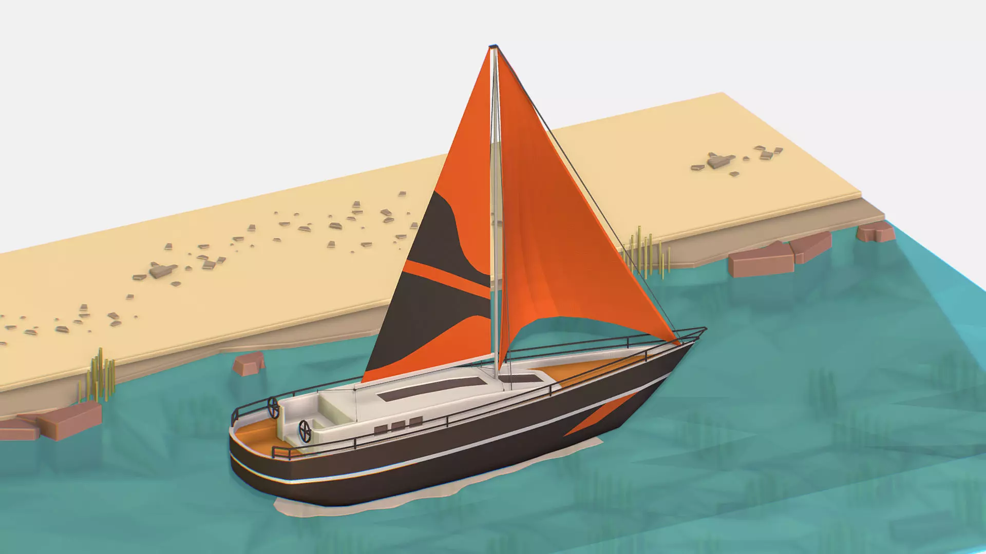 Black Yacht Scene Motor Boat Black Low-poly 3D model_0