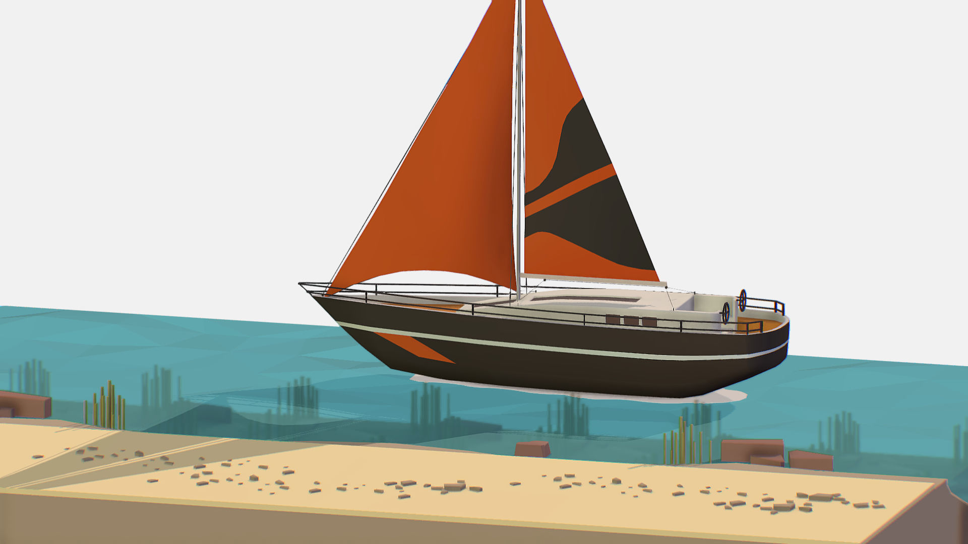 Black Yacht Scene Motor Boat Black Low-poly 3D model_4