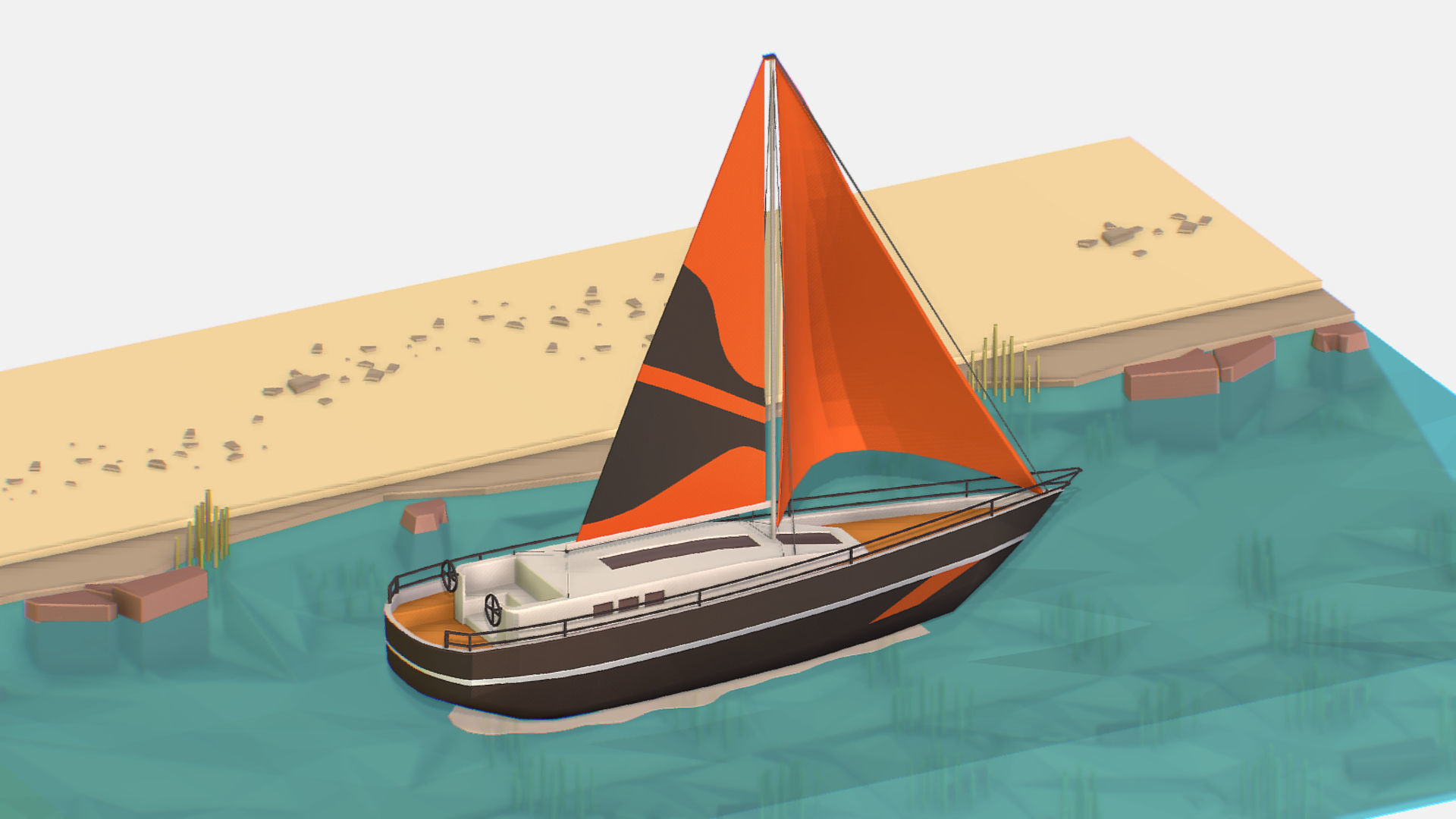 Black Yacht Scene Motor Boat Black Low-poly 3D model_8