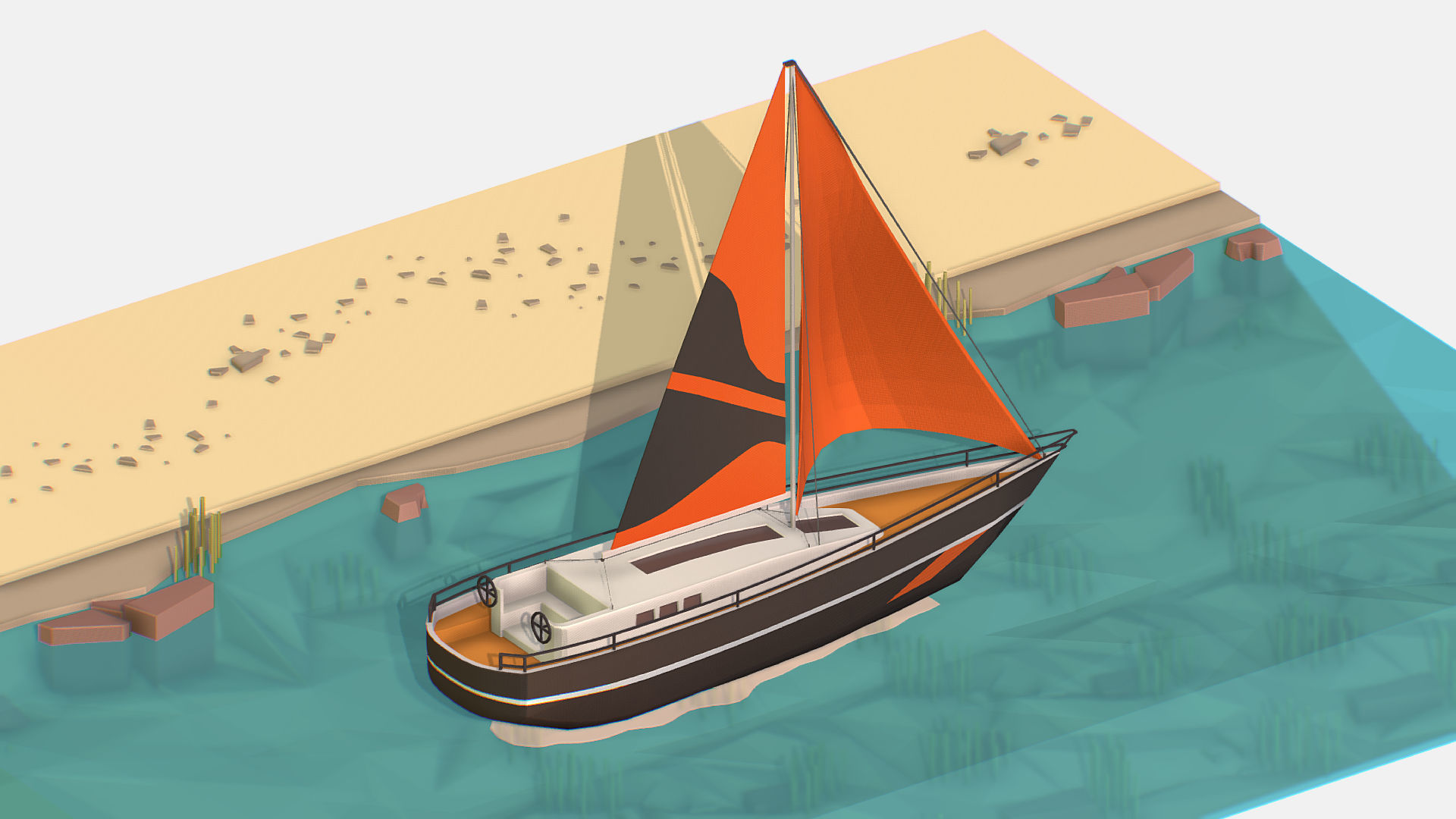 Black Yacht Scene Motor Boat Black Low-poly 3D model_5