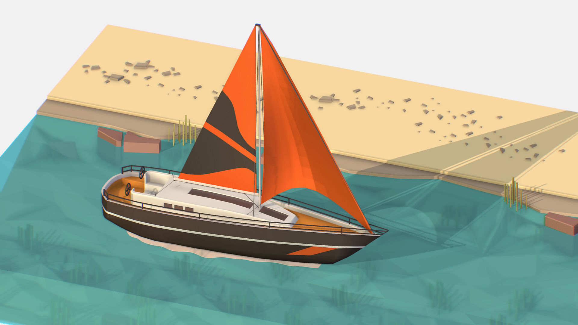 Black Yacht Scene Motor Boat Black Low-poly 3D model_2