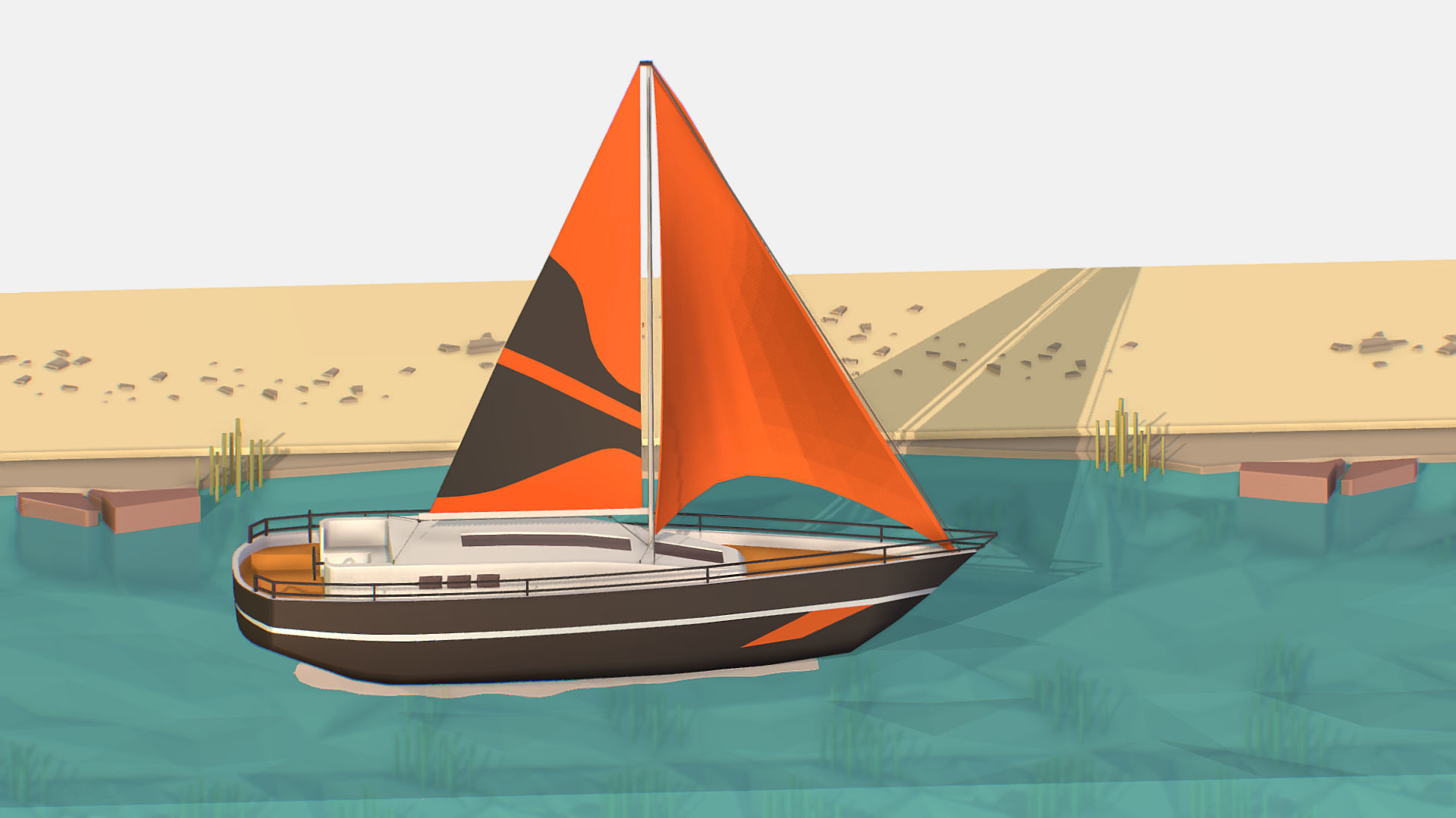 Black Yacht Scene Motor Boat Black Low-poly 3D model_1