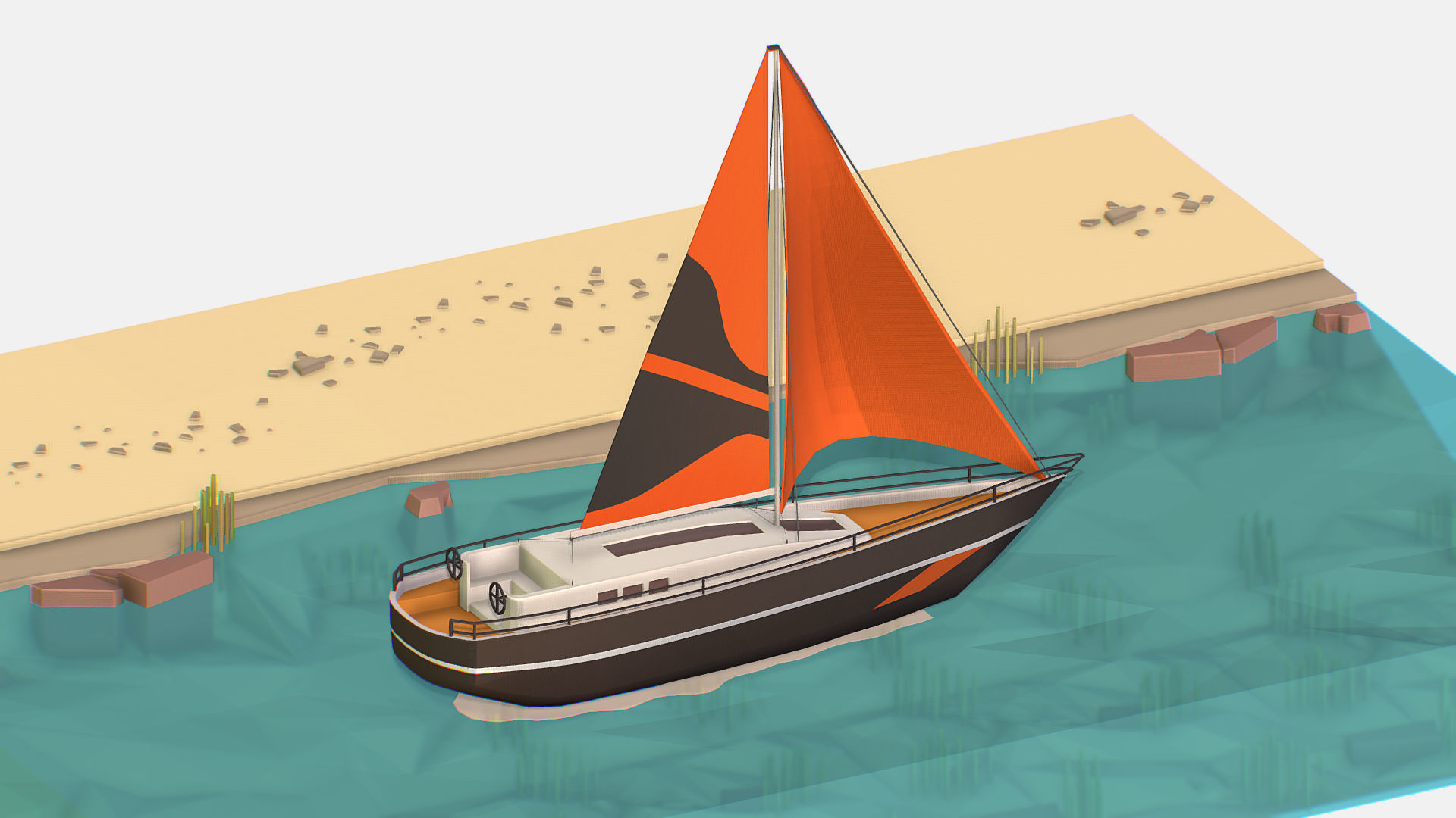 Black Yacht Scene Motor Boat Black Low-poly 3D model_7