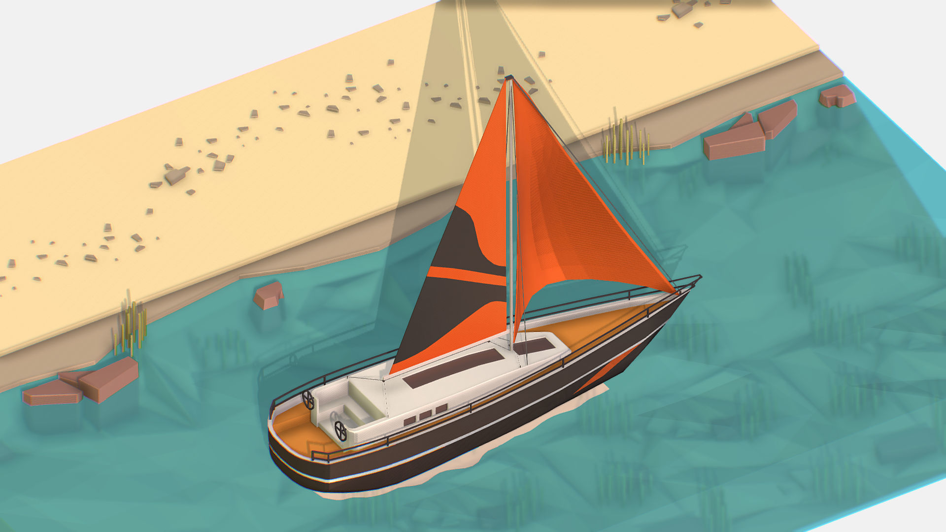 Black Yacht Scene Motor Boat Black Low-poly 3D model_6