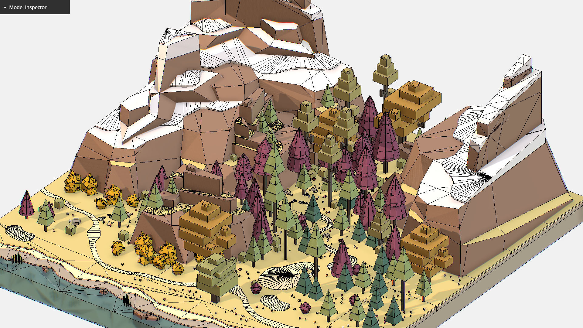 Isometric Fall Designs 3D model Isometric style autumn big mountain landscape on river VR / AR ...