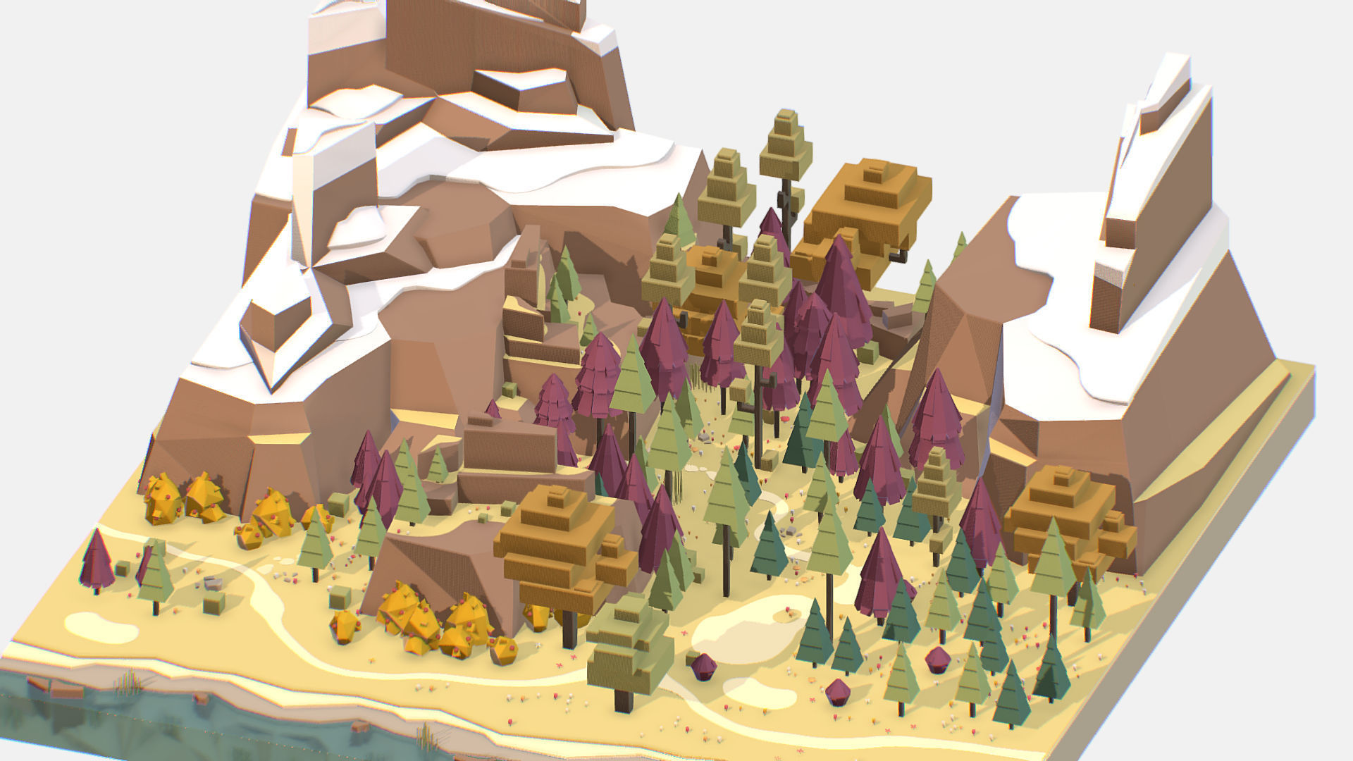 Isometric Fall Designs 3D model Isometric style autumn big mountain landscape on river VR / AR ...