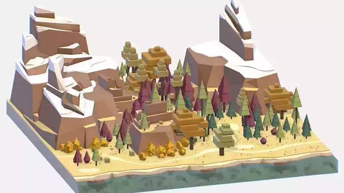 Isometric style autumn big mountain landscape on river