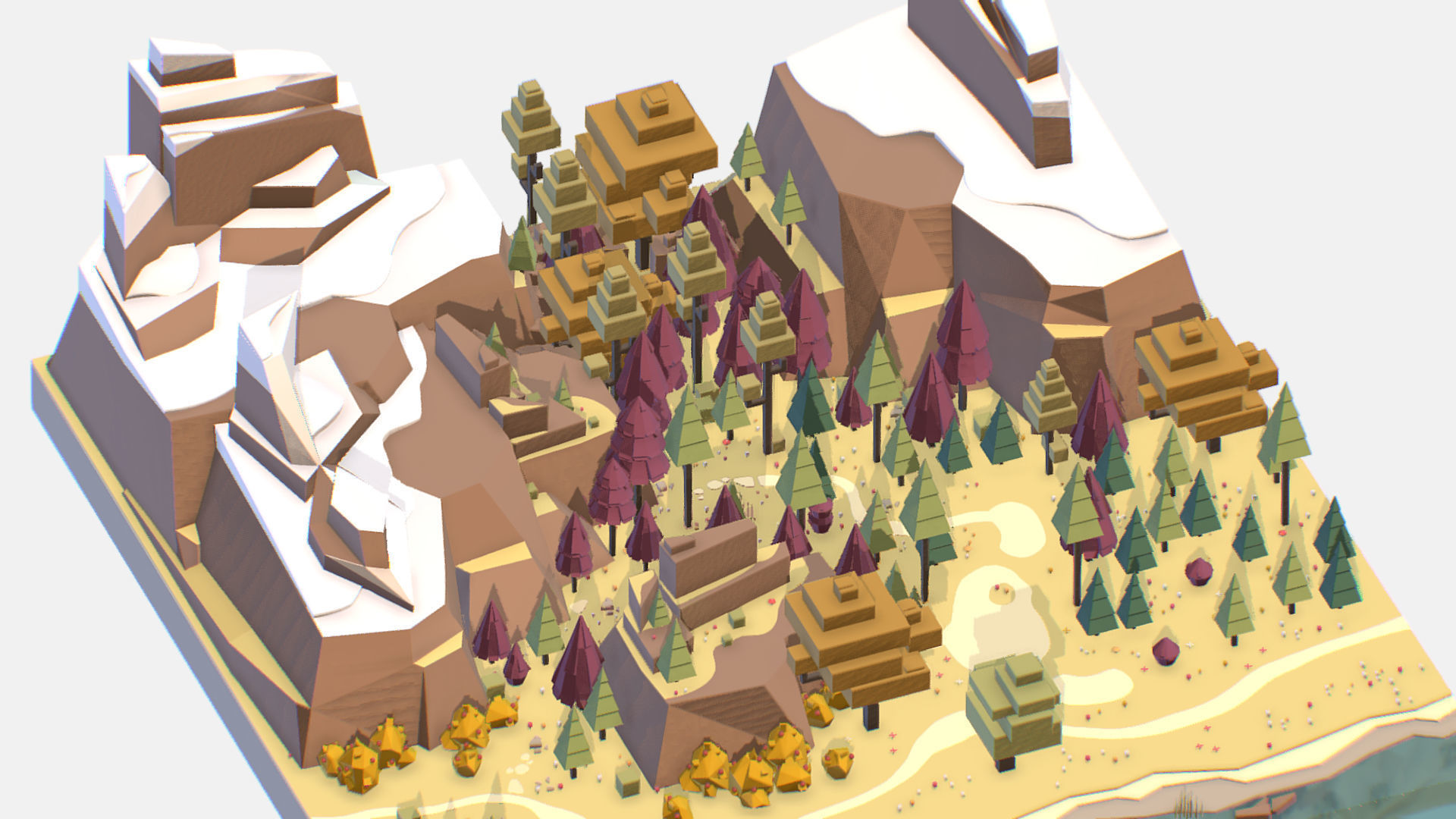 Isometric Fall Designs 3D model Isometric style autumn big mountain landscape on river VR / AR ...