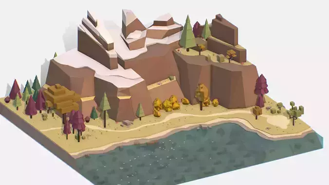 Isometric style lake autumn mountain landscape