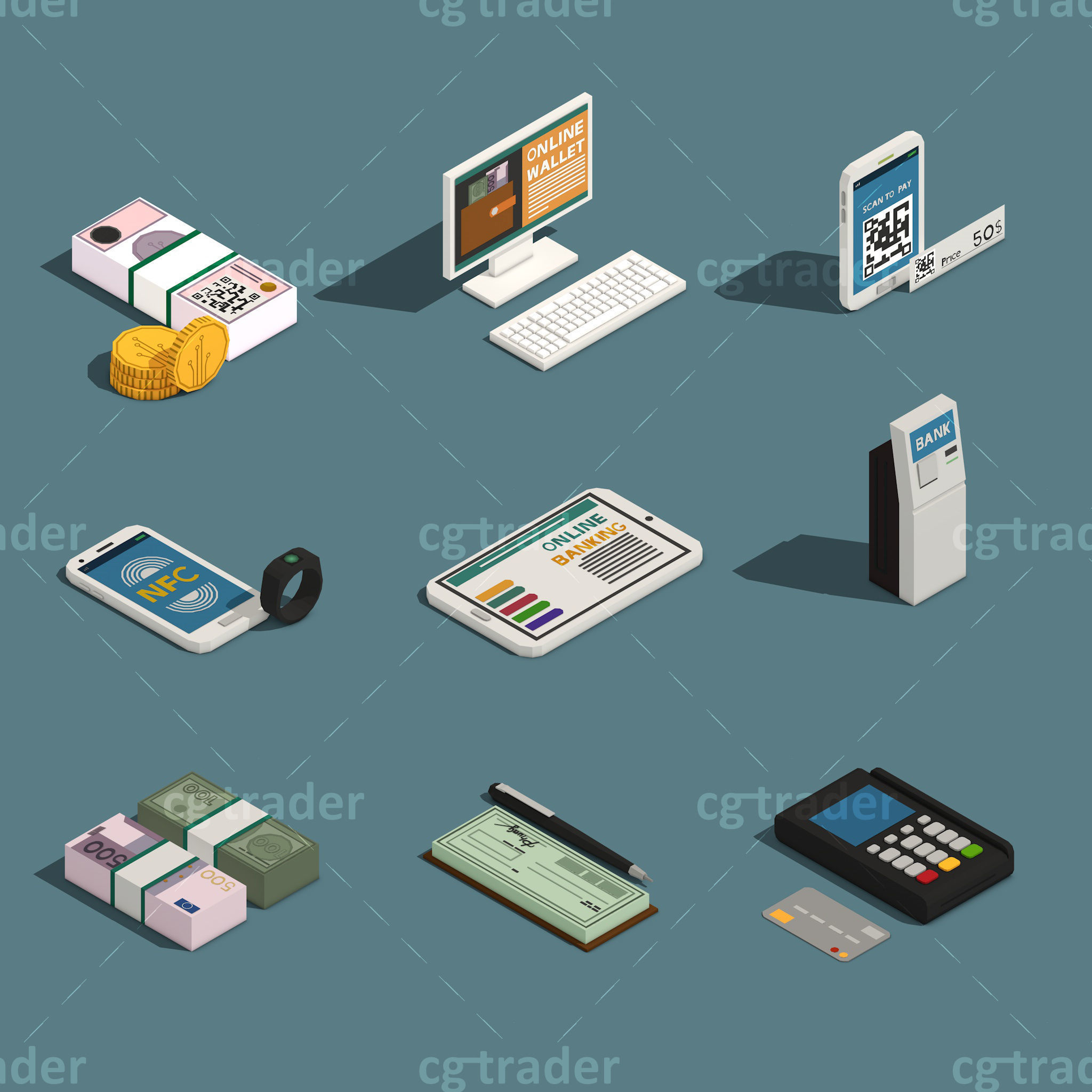 Low Poly Payment Methods Isometric Low-poly 3D model_1