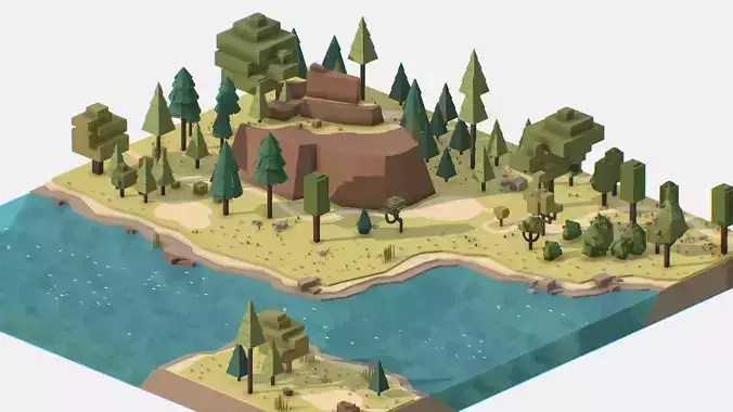 Isometric style summer mountain landscape river