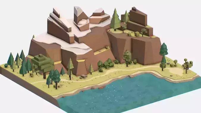 Isometric style lake summer mountain landscape Low-poly 3D model