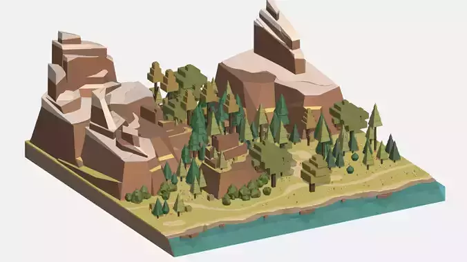 Isometric style summer big mountain landscape