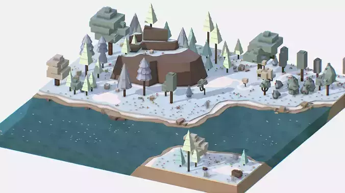 Isometric style winter mountain landscape river