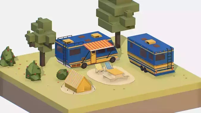 blue tourist van on halt in meadow