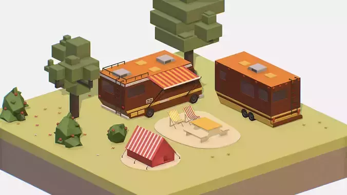 isometric brown tourist van on halt in meadow Low-poly 3D model