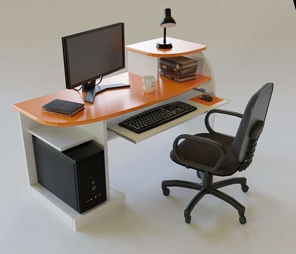Desktop Computer Desk and Chair Low-poly 3D model