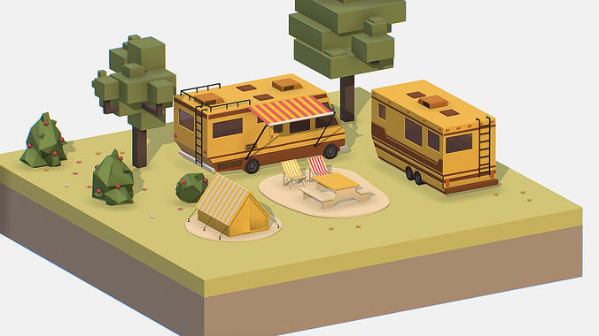 yellow tourist van on halt in meadow Low-poly 3D model