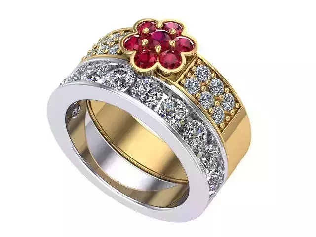 Ring set gold and ruby with diamonds