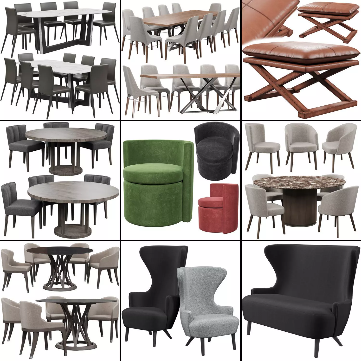 Chairs set 2 upholstered dining chair with wooden legs 3D model_0