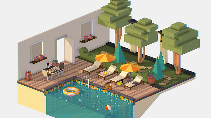 Relax by the pool on the sun loungers Low-poly 3D model