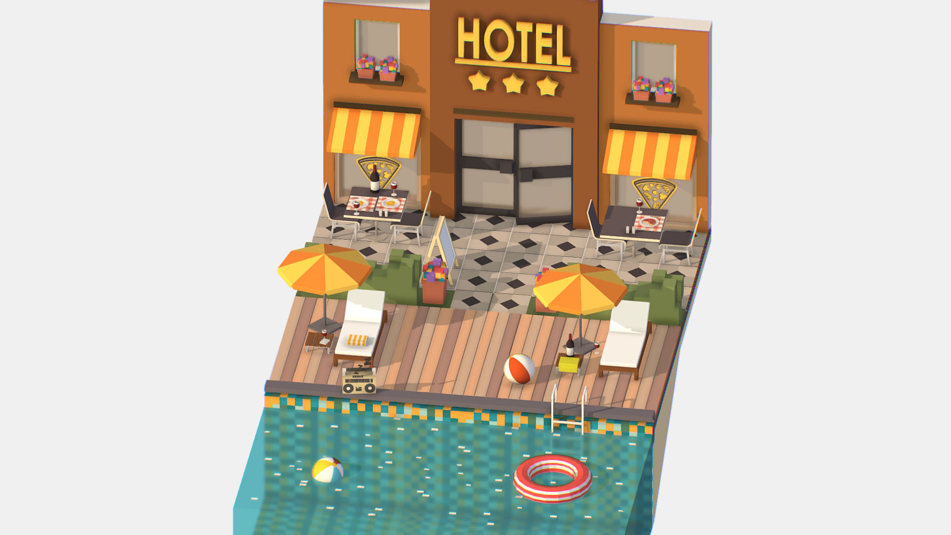 Relax Pool on Hotel Loungers Low-poly 3D model_2