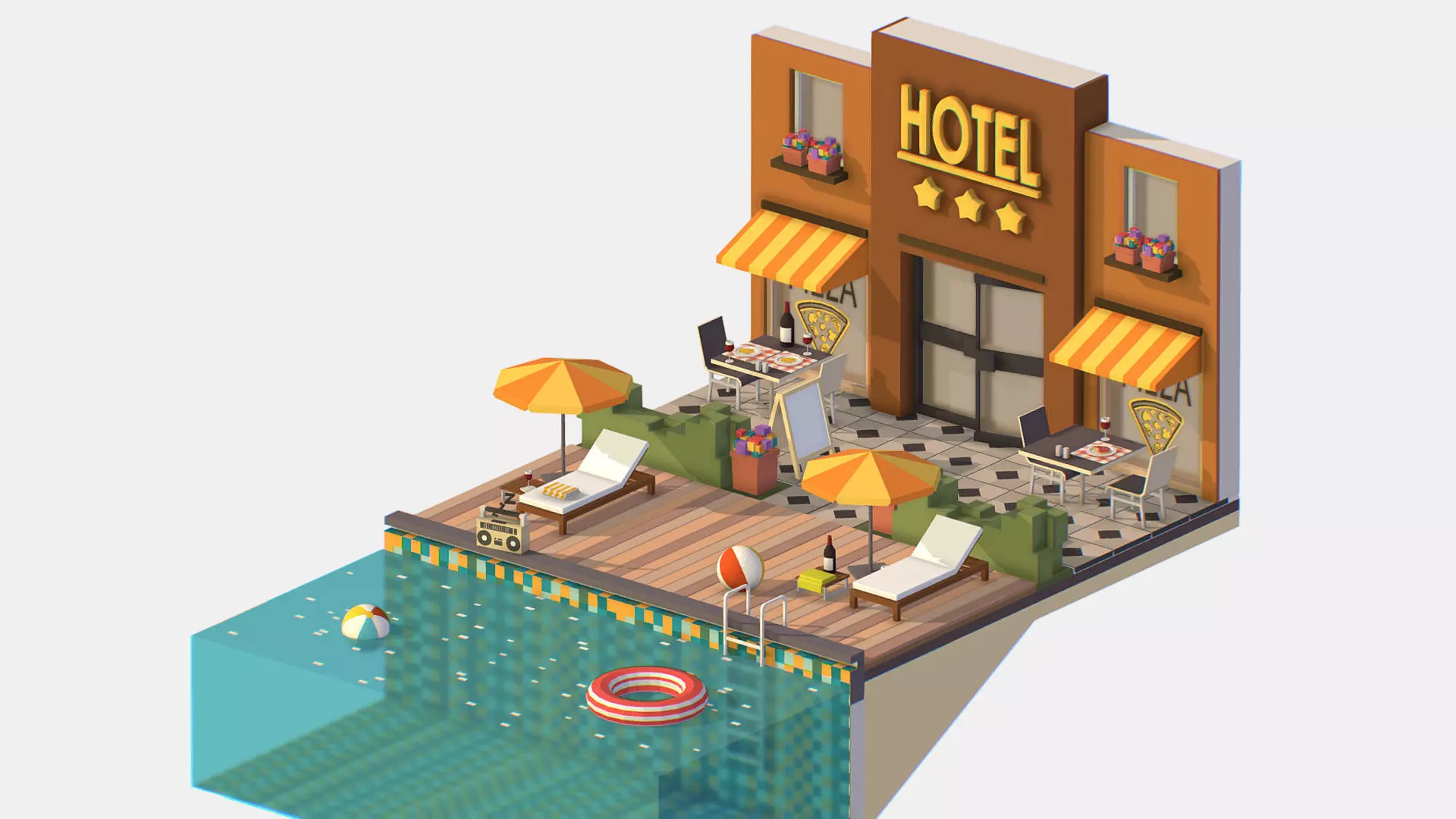 Relax Pool on Hotel Loungers Low-poly 3D model_0