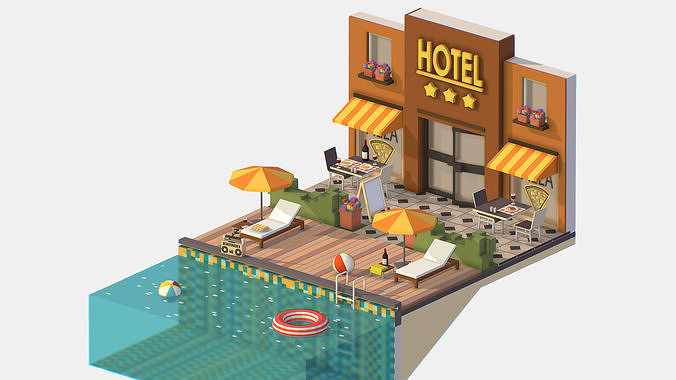 Isometric Relax Pool on Hotel Loungers Low-poly 3D model