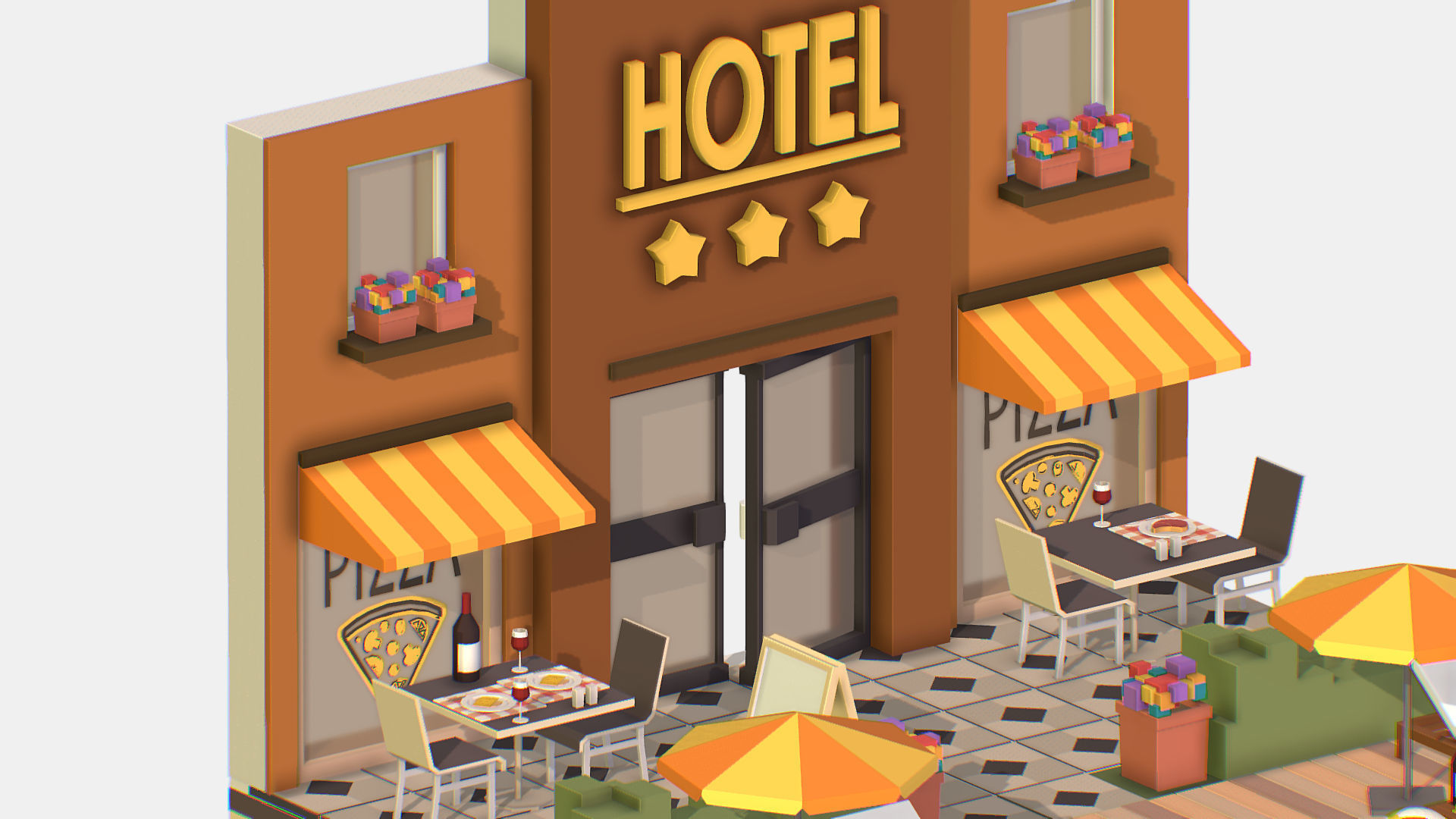 Relax Pool on Hotel Loungers Low-poly 3D model_7