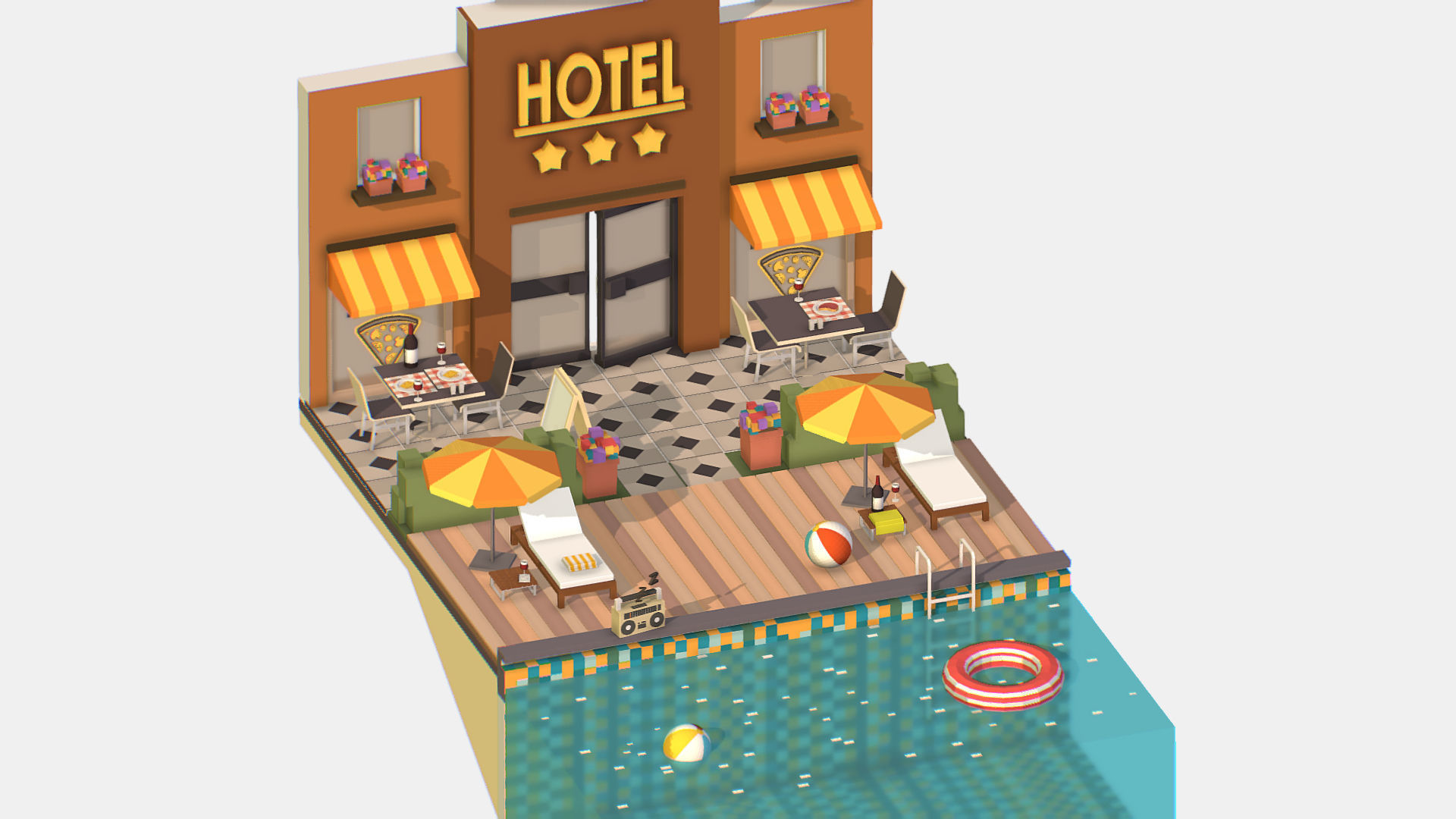 Relax Pool on Hotel Loungers Low-poly 3D model_3