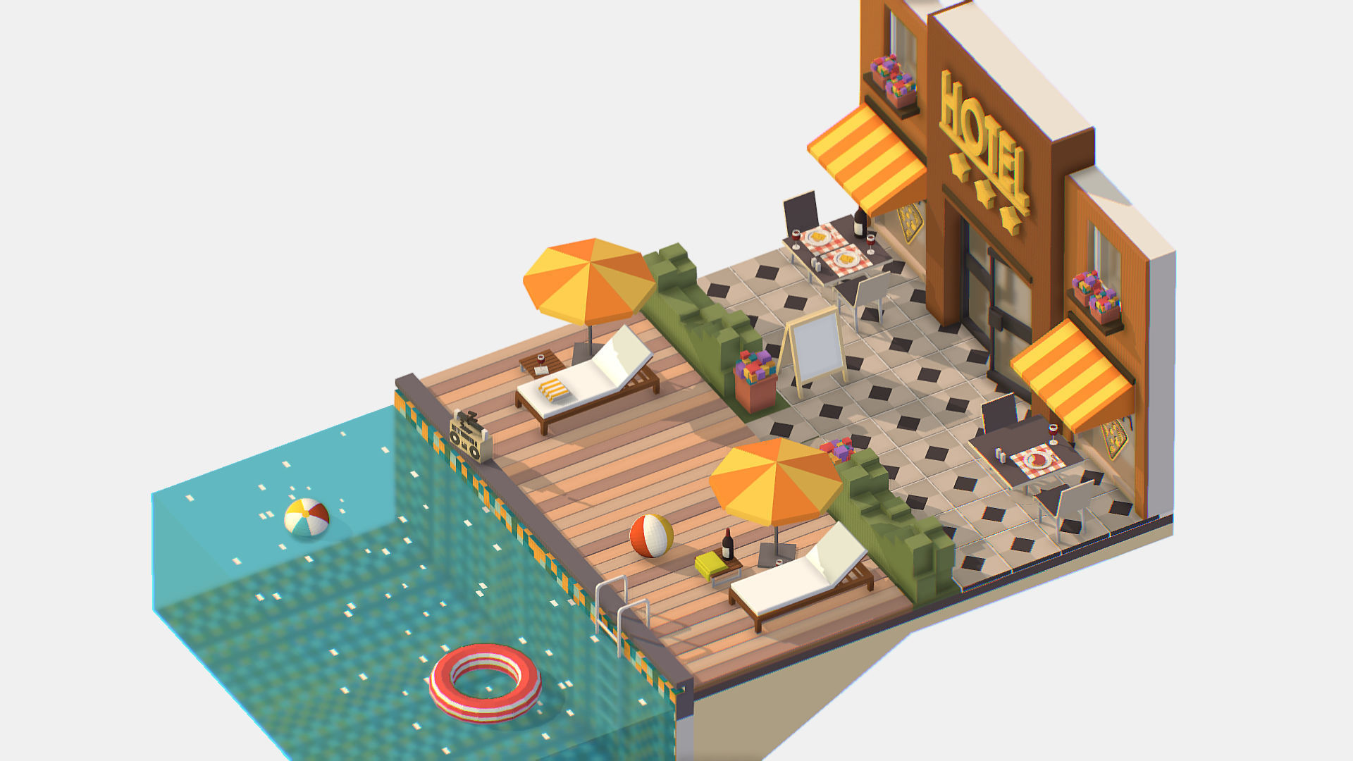 Relax Pool on Hotel Loungers Low-poly 3D model_4