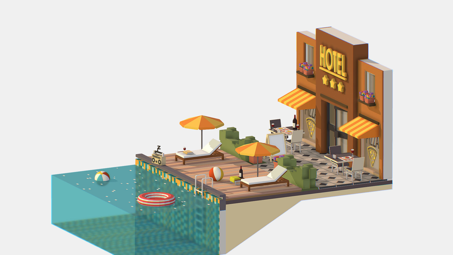 Relax Pool on Hotel Loungers Low-poly 3D model_8