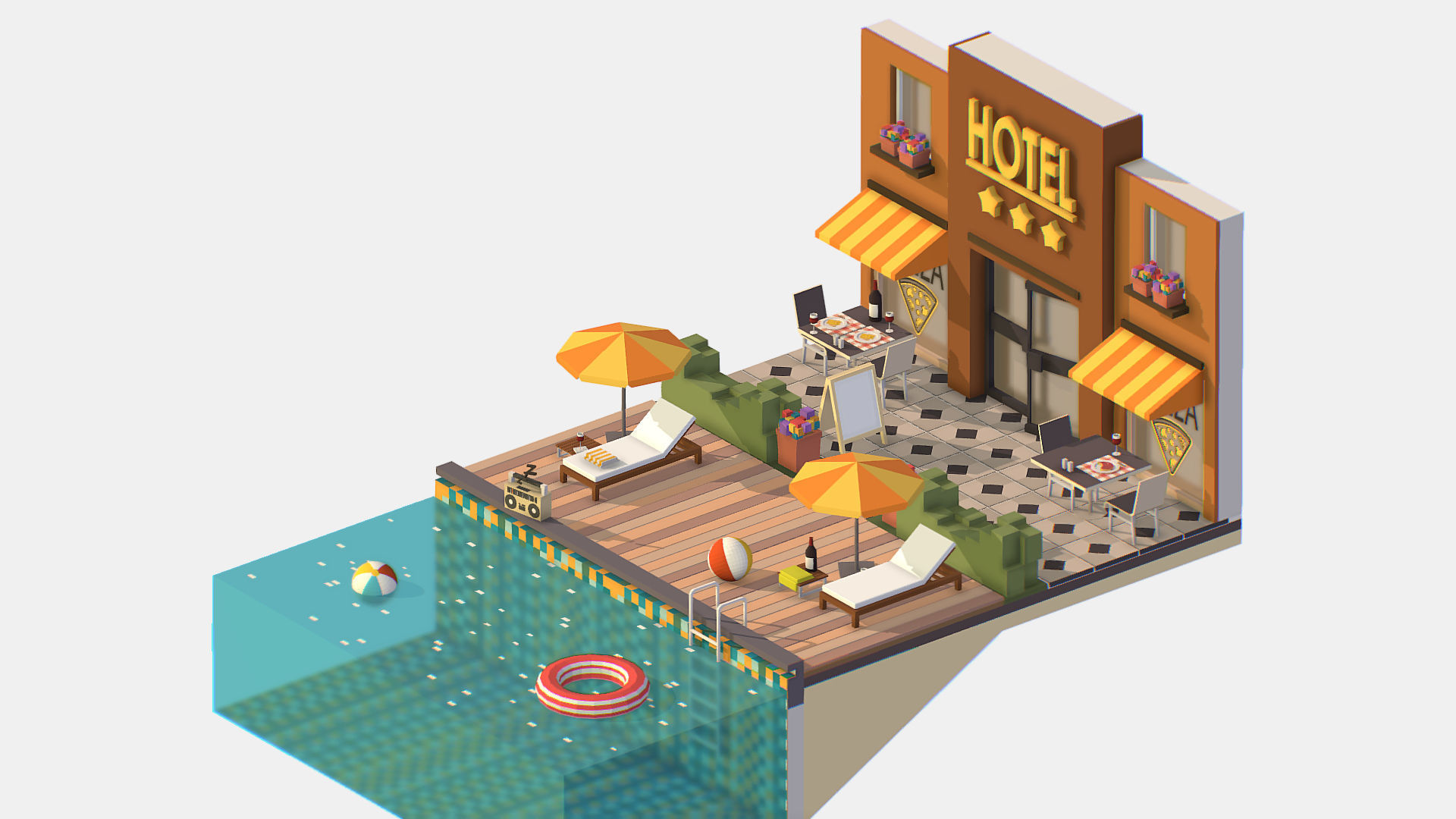 Relax Pool on Hotel Loungers Low-poly 3D model_17