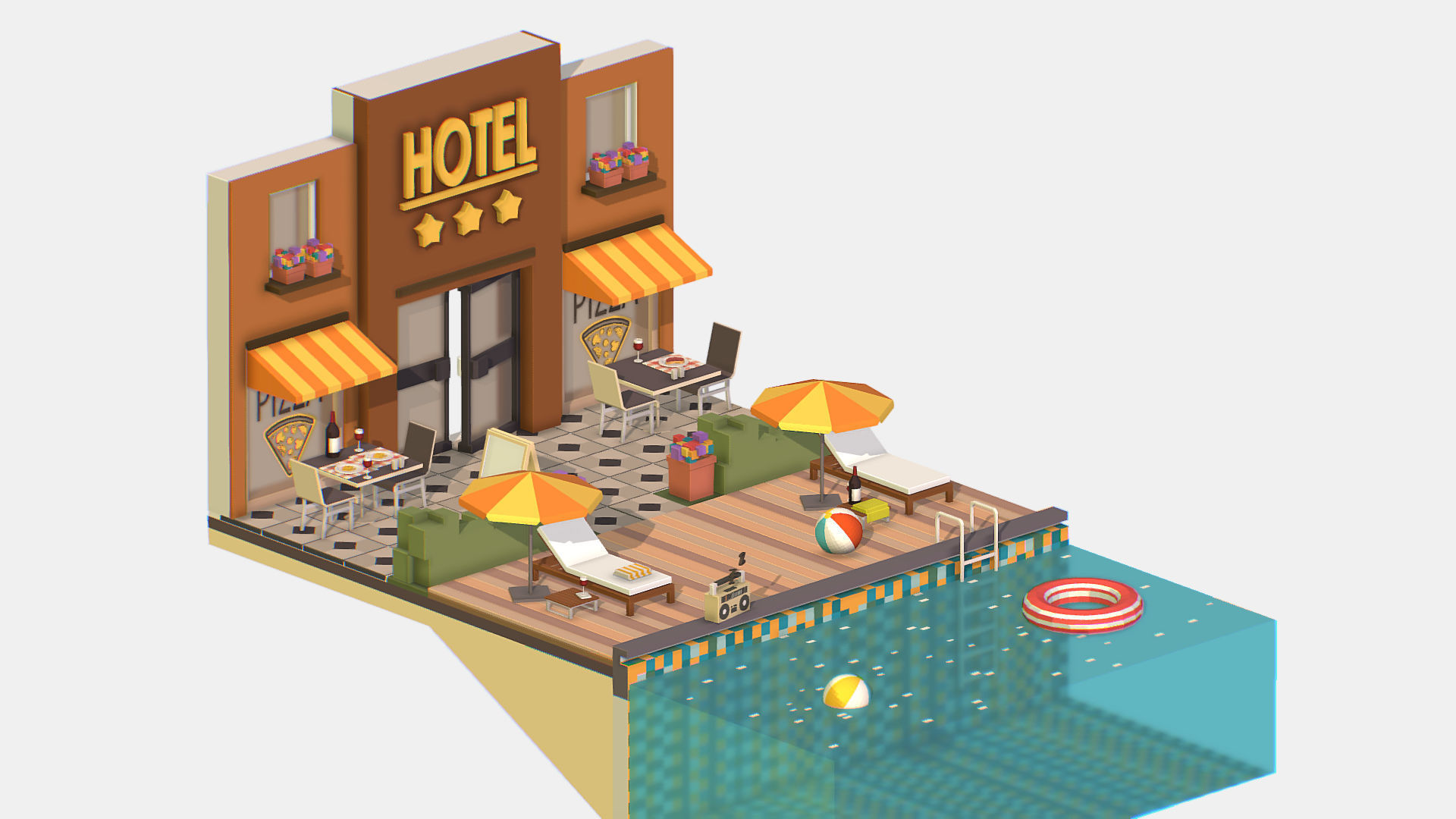 Relax Pool on Hotel Loungers Low-poly 3D model_6
