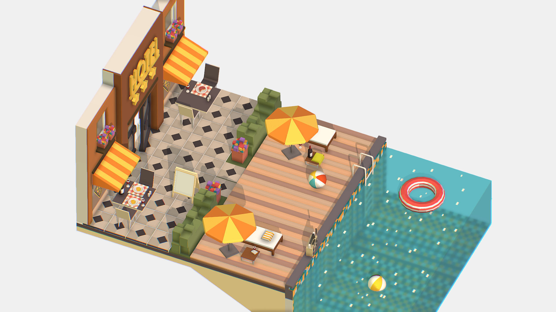 Relax Pool on Hotel Loungers Low-poly 3D model_12