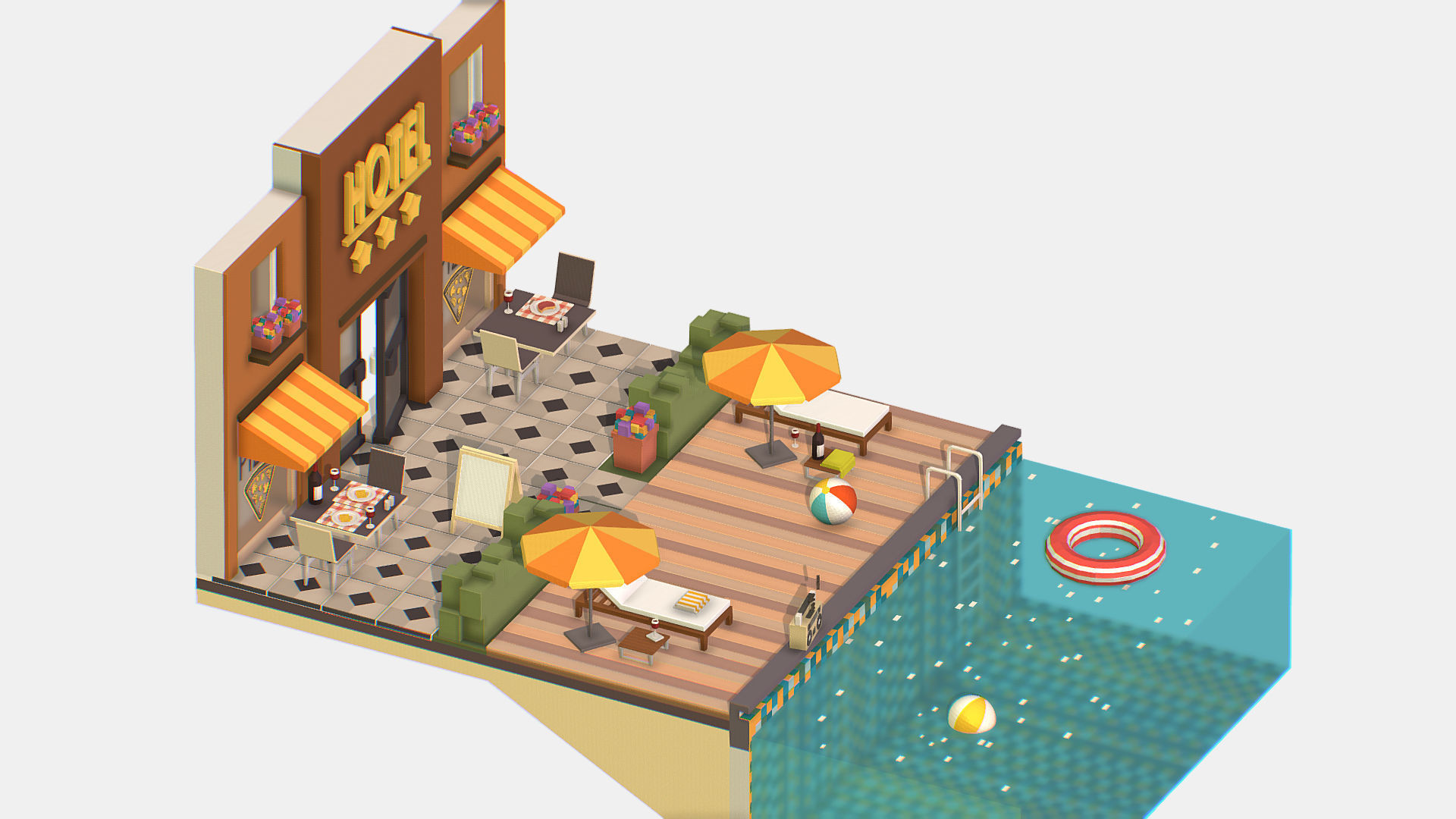 Relax Pool on Hotel Loungers Low-poly 3D model_14