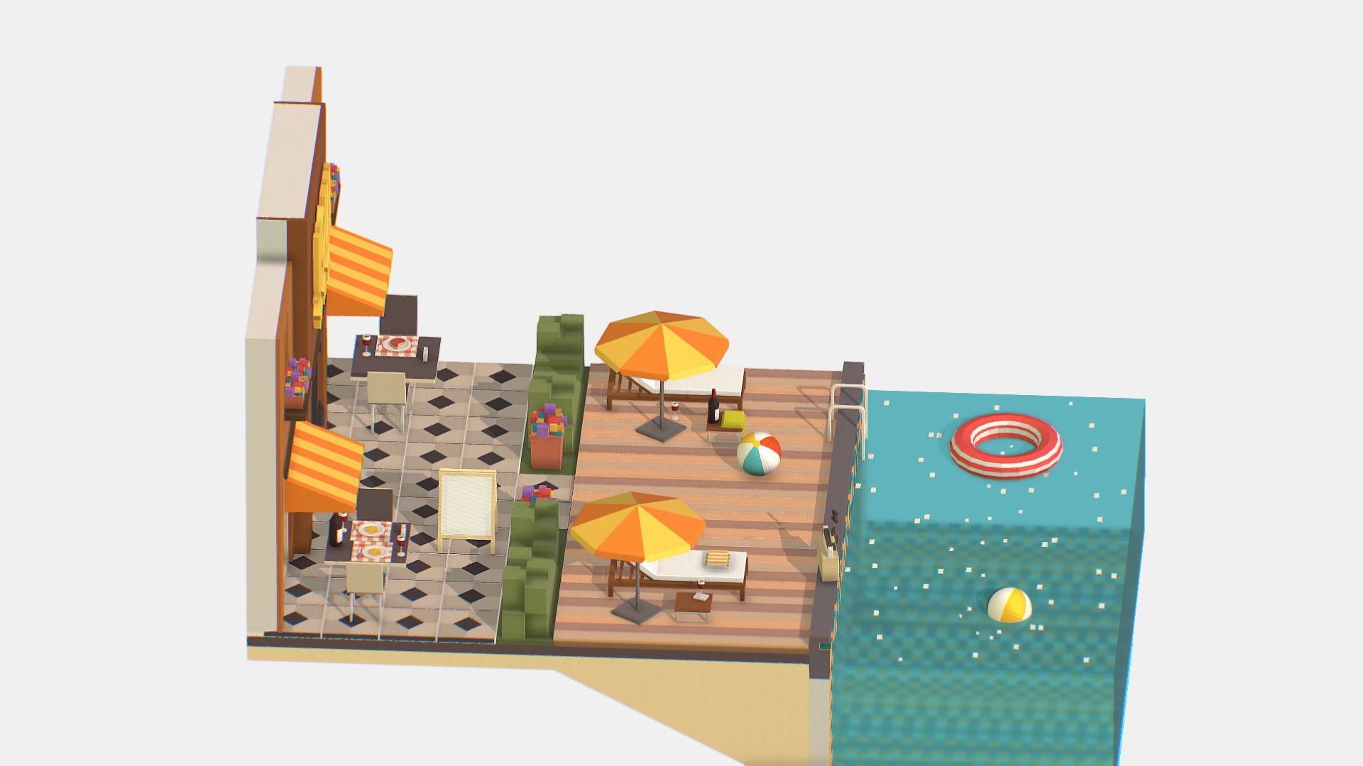 Relax Pool on Hotel Loungers Low-poly 3D model_10