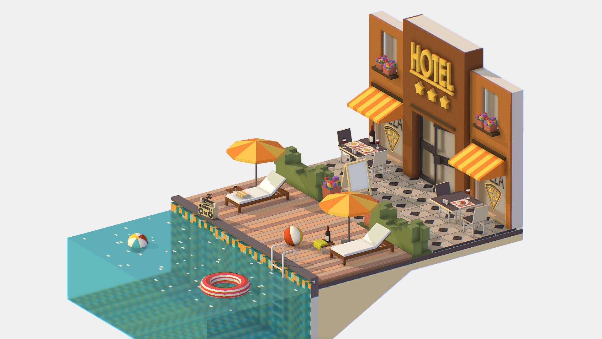 Relax Pool on Hotel Loungers Low-poly 3D model_1