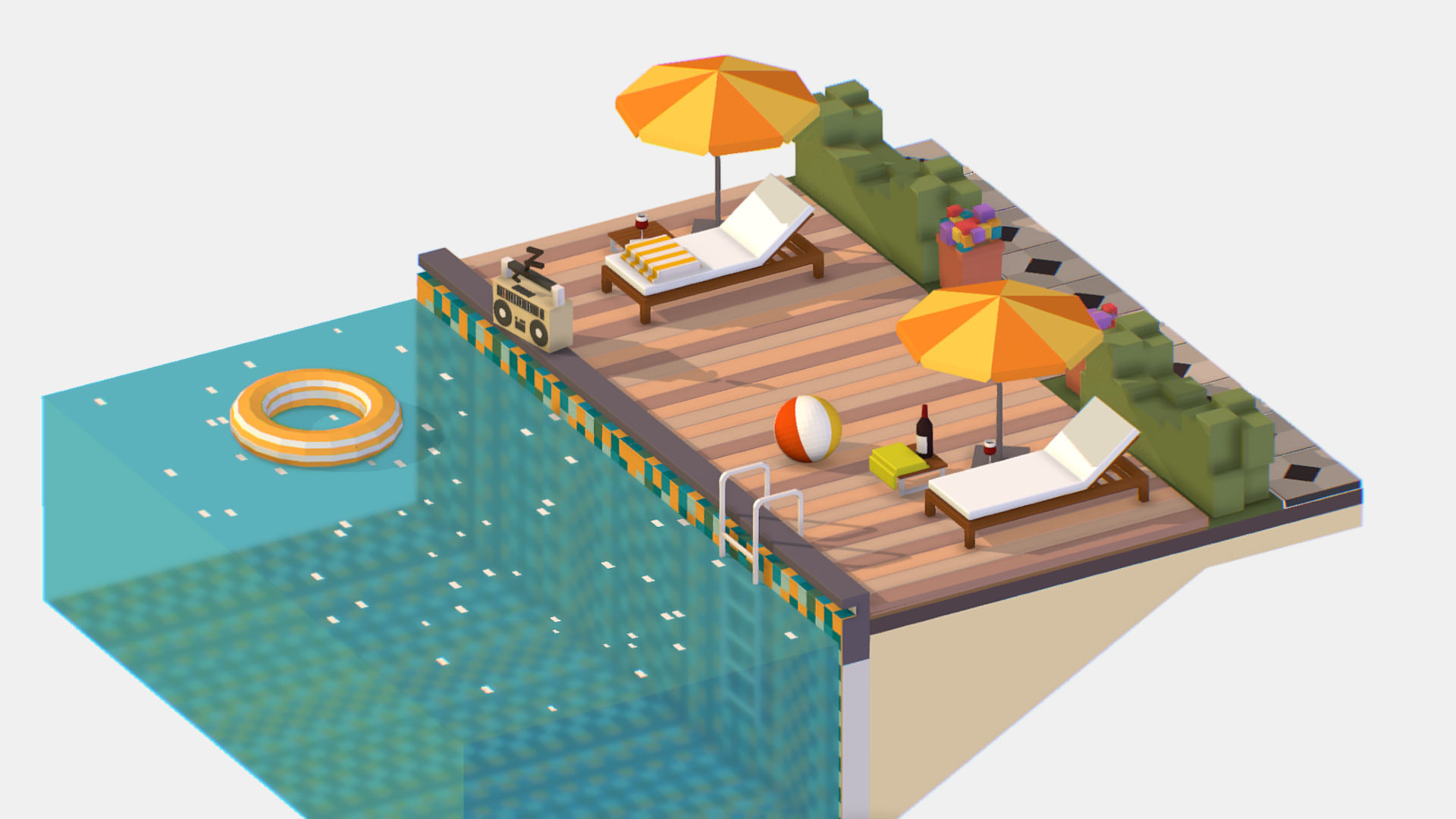 Relax pool on the sun loungers Low-poly 3D model_2