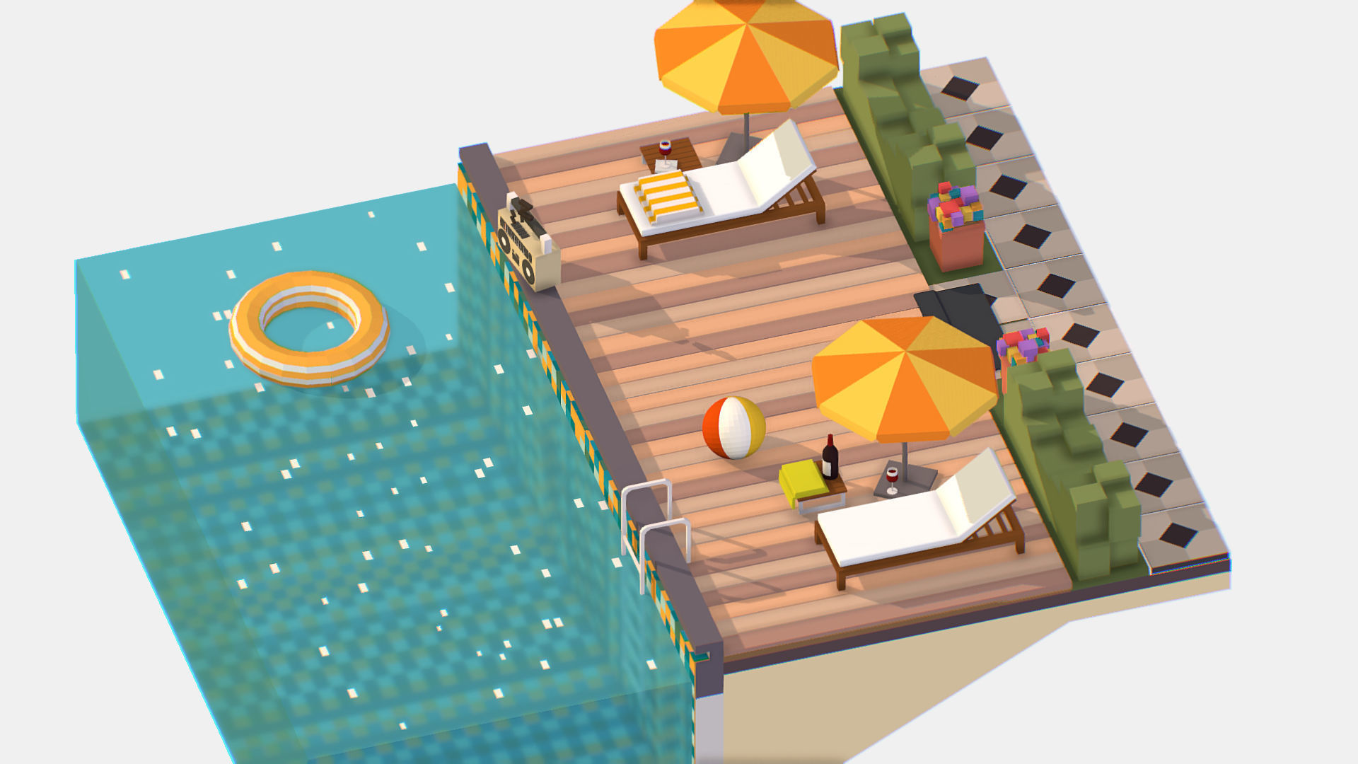 Relax pool on the sun loungers Low-poly 3D model_3