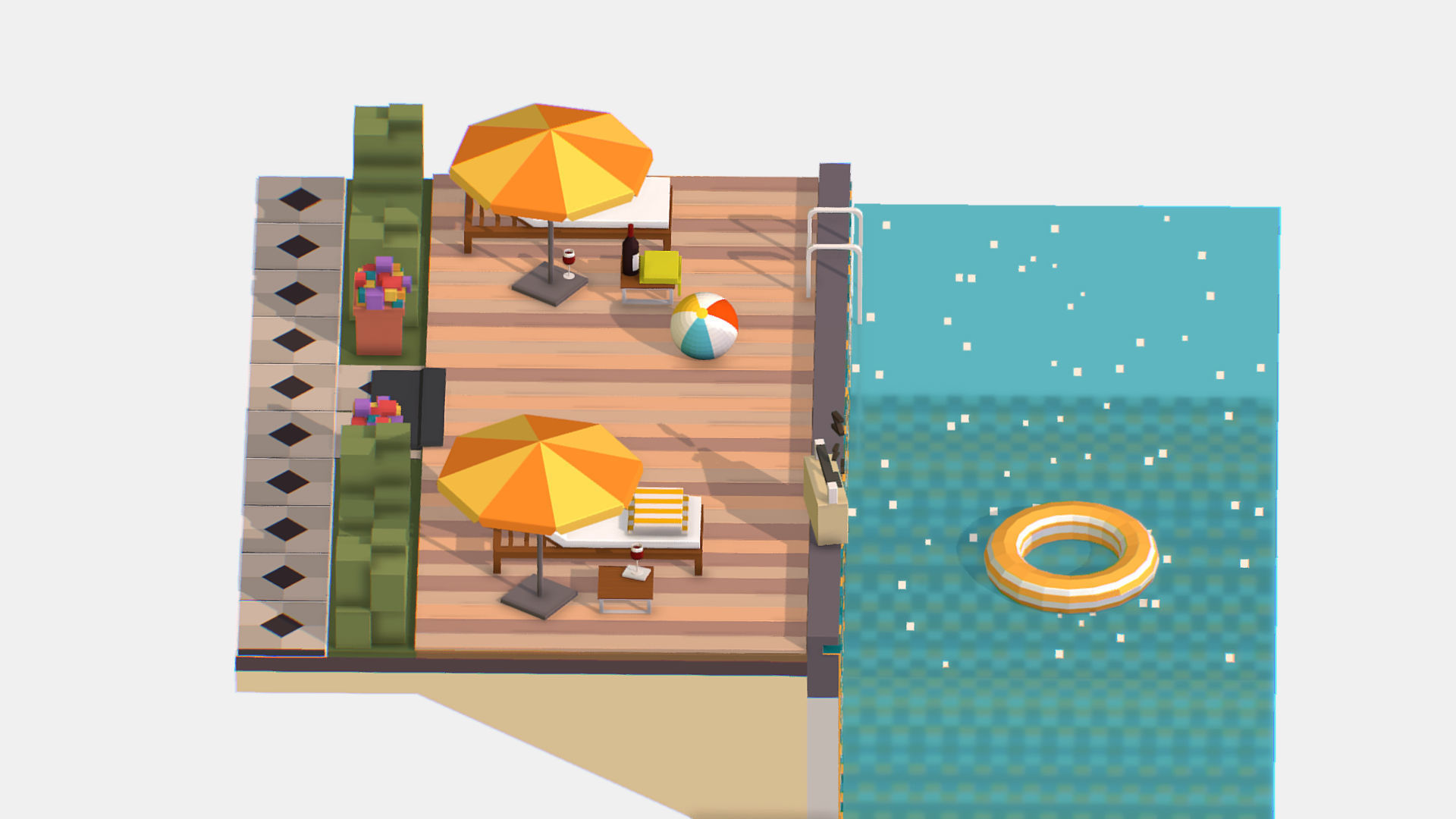 Relax pool on the sun loungers Low-poly 3D model_11