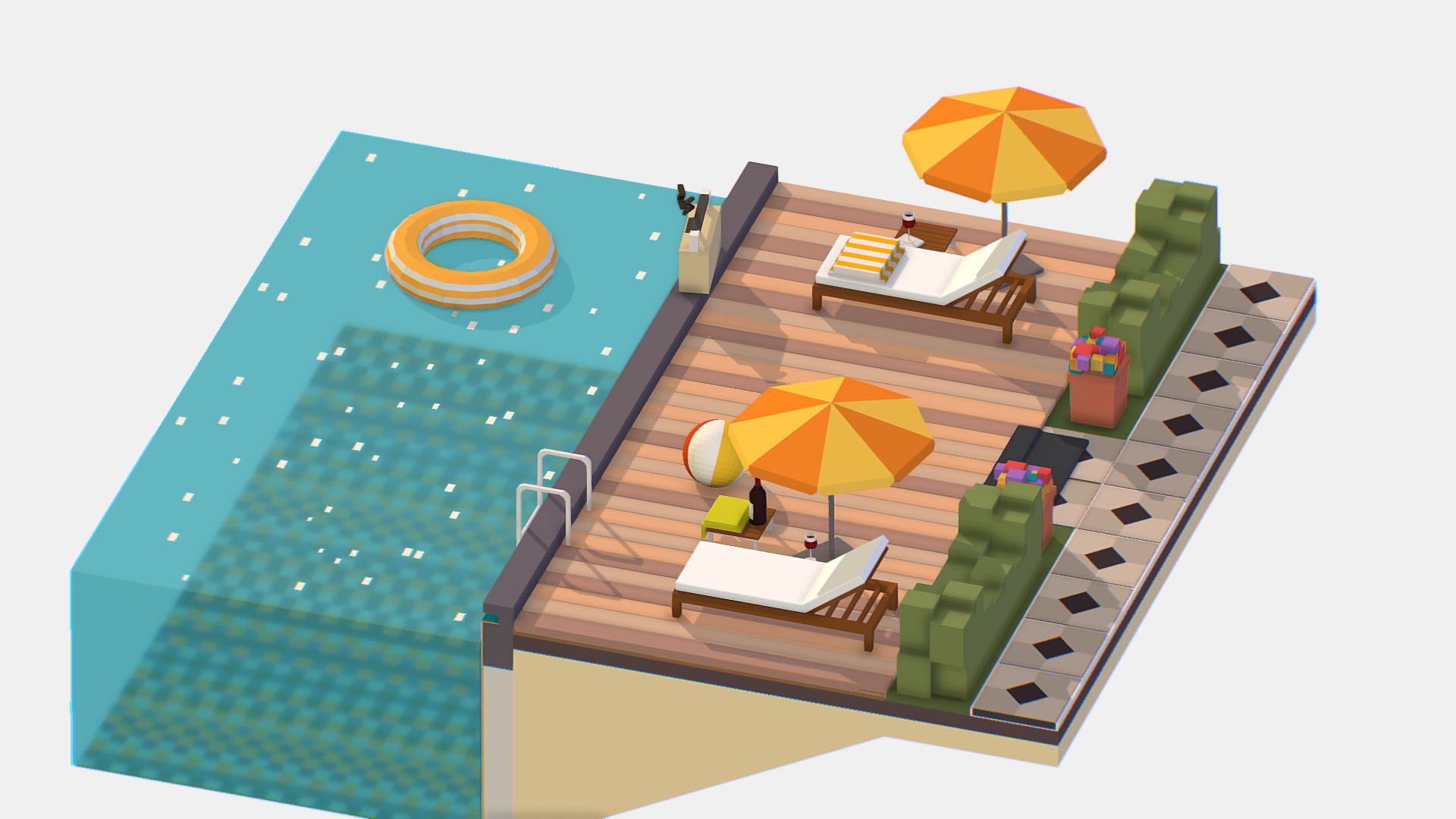 Relax pool on the sun loungers Low-poly 3D model_5