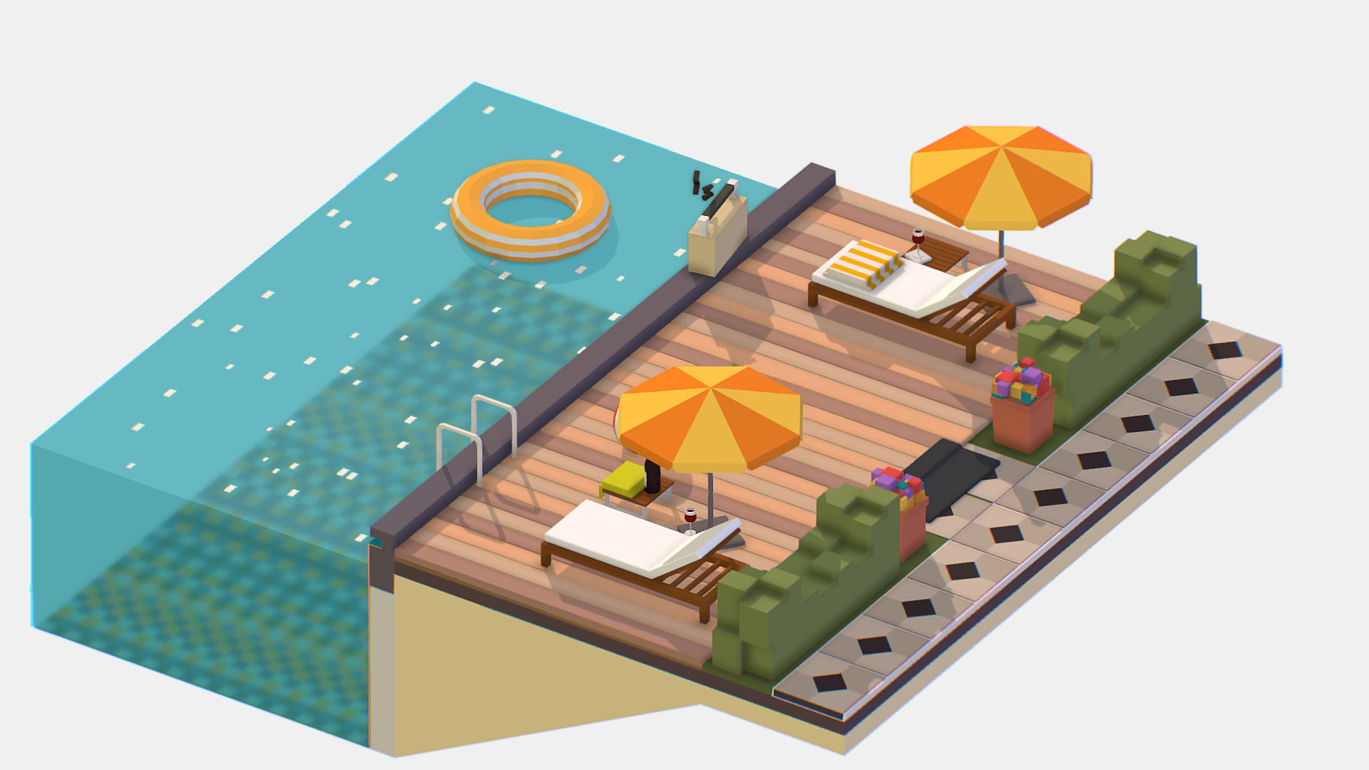 Relax pool on the sun loungers Low-poly 3D model_6