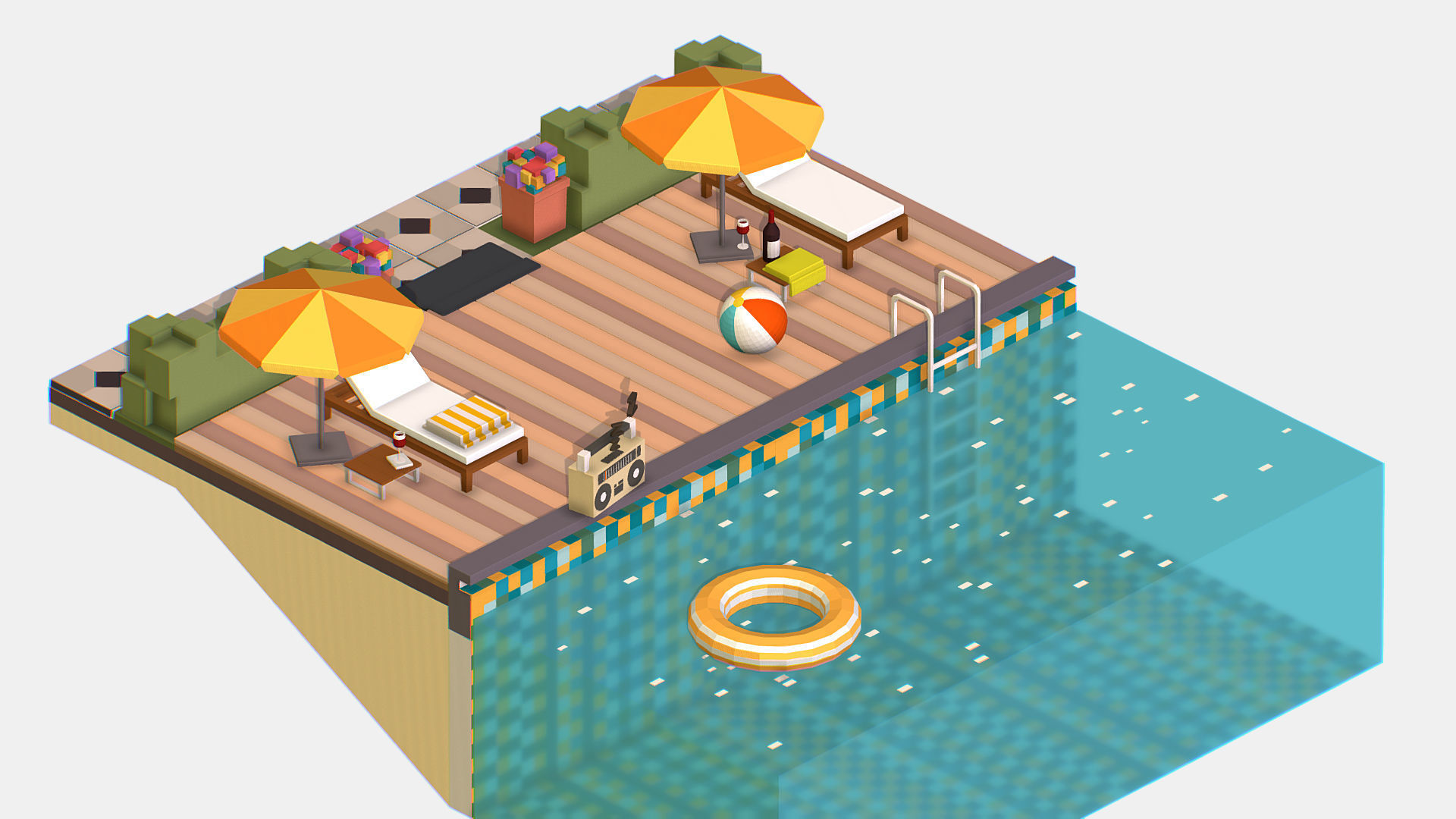 Relax pool on the sun loungers Low-poly 3D model_14